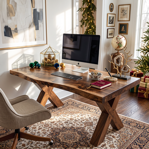 Live Edge Solid Wood Desk with Sculptural X Legs for Home Office