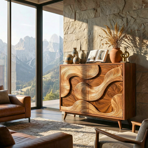 Solid Wood Sideboard with Abstract Sculptural Relief Doors for Modern Interiors