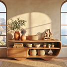 Sculptural Solid Wood Sideboard with Open Shelving and Drawer