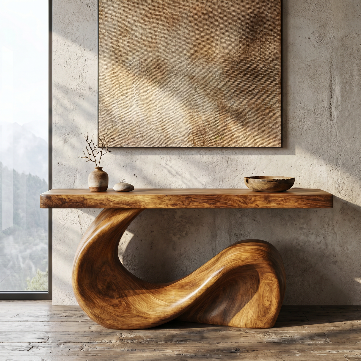 Console Table Solid Wood with Sculptural Wave Base for Entryway Decor