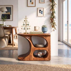 Sculptural Solid Wood Side Table with Open Storage Compartments