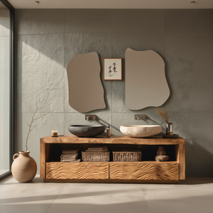 Wood Double Bathroom Vanity with Carved Wave Drawers and Open Shelf