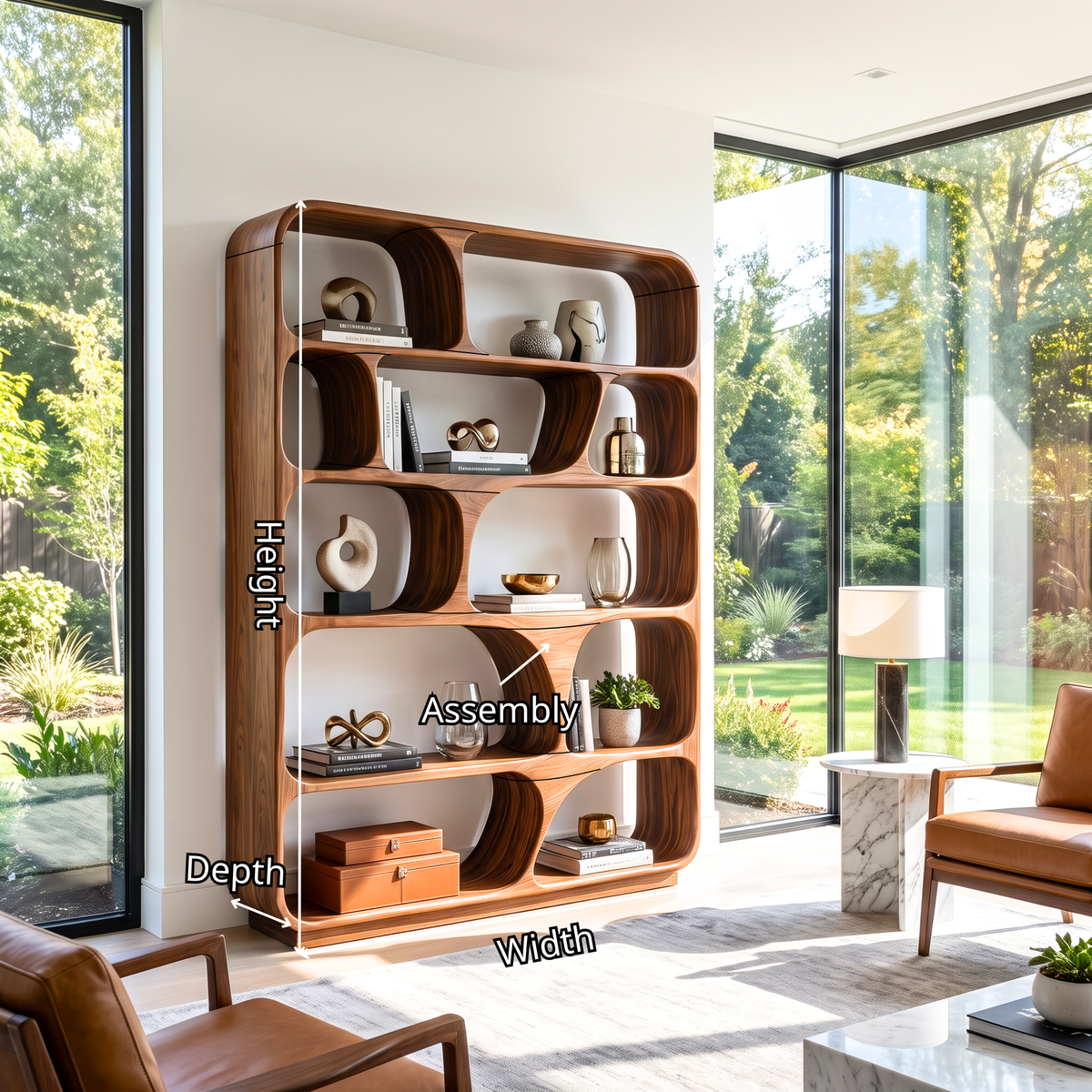 Rounded Solid Wood Bookcase with Organic Grid Shelving and Open Display Compartments