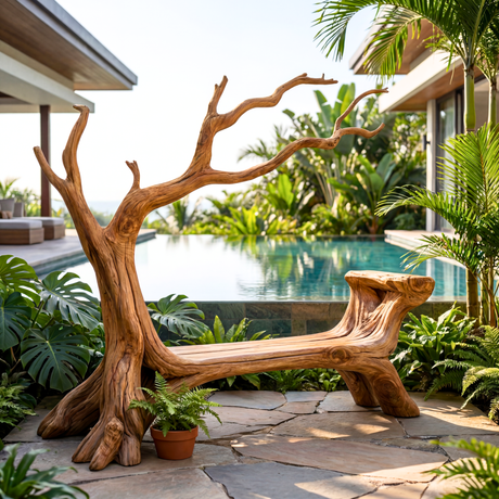 Handmade Natural Tree Wooden Bench Sculpture