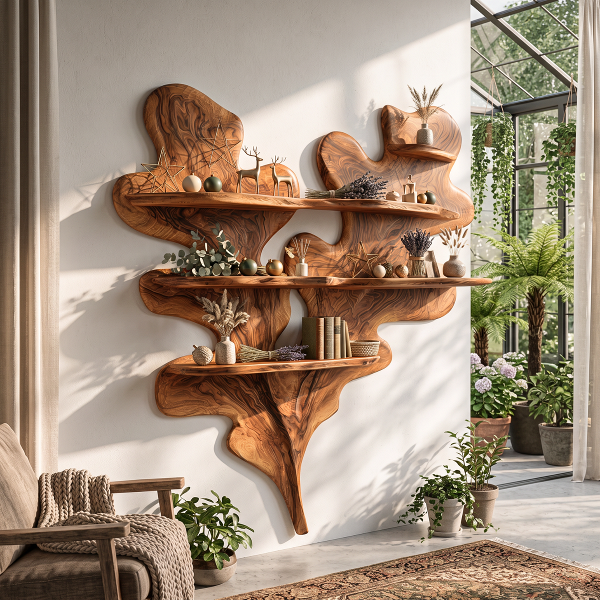 Sculptural Solid Wood Wall Shelf with Layered Organic Leaf Form