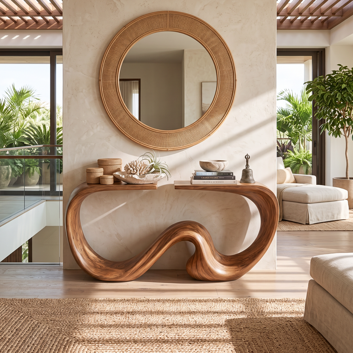 Console Table Solid Wood with Sculptural Twin Wave Base for Entryway Decor