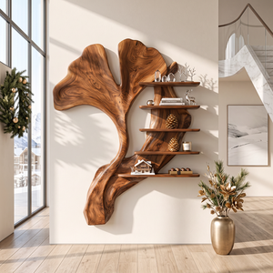 Ginkgo Leaf Solid Wood Wall Shelf with Sculptural Tiered Display Design