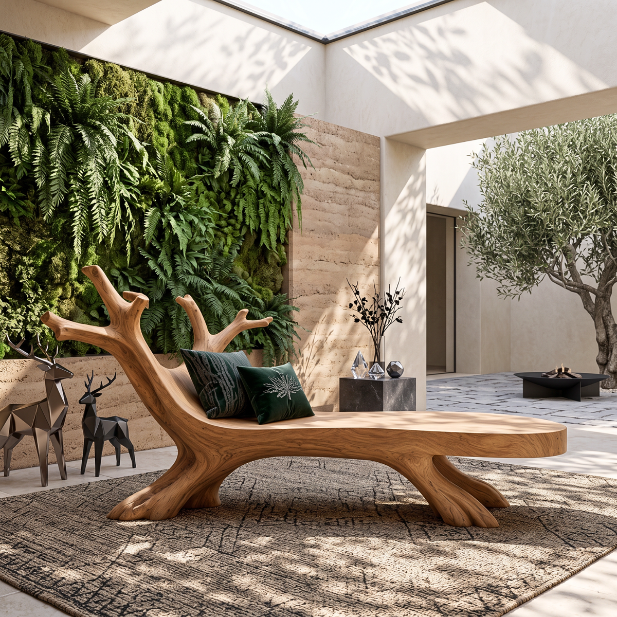 Tree Branch Solid Wood Garden Bench with Sculptural Root Base
