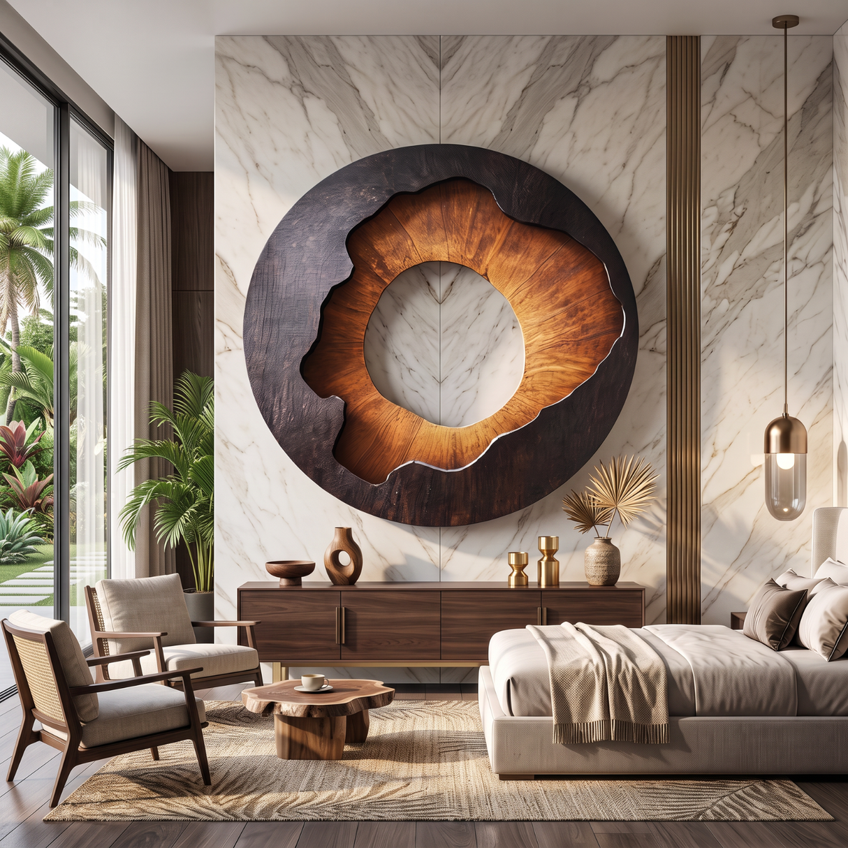 Solid Wood Round Wall Sculpture with Organic Open Center for Living Room Decor