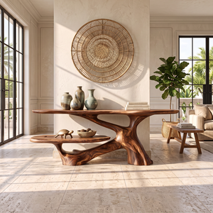 Console Table Solid Wood with Two Tier Shelf and Sculptural Branch Base