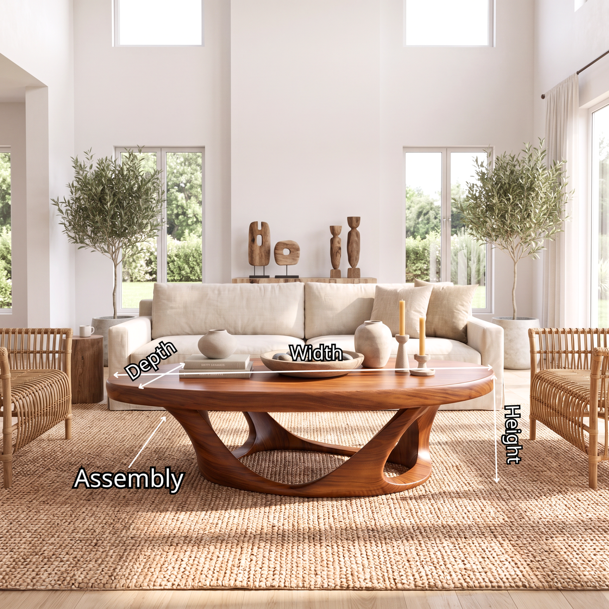 Coffee Table Solid Wood with Sculptural Interwoven Loop Base