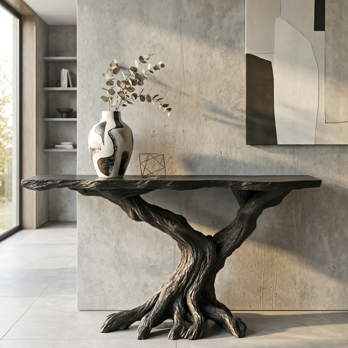 Sculptural Black Wood Console Table with Twisted Root Base