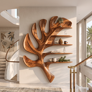 Tropical Leaf Solid Wood Wall Shelf with Sculptural Floating Display Shelves