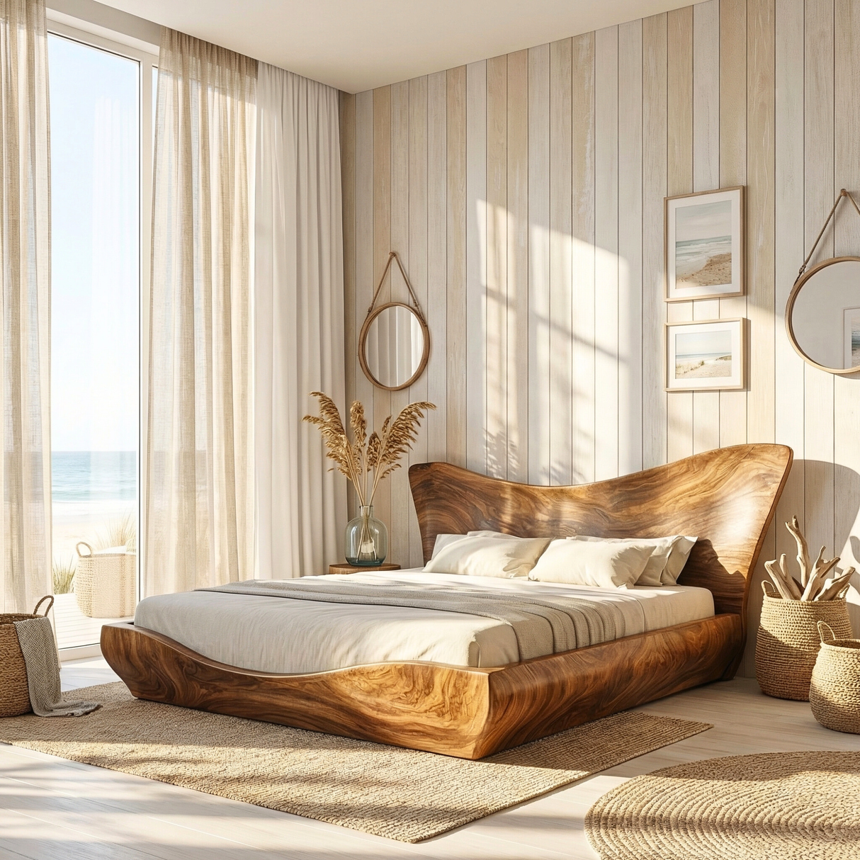 Sculptural Solid Wood Platform Bed with Organic Curved Headboard
