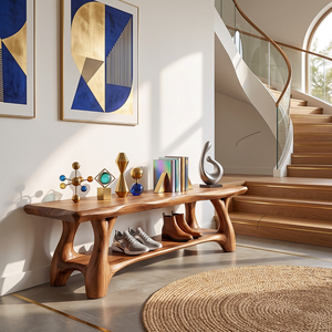 Organic Solid Wood Shoe Bench with Sculptural Legs and Open Shelf