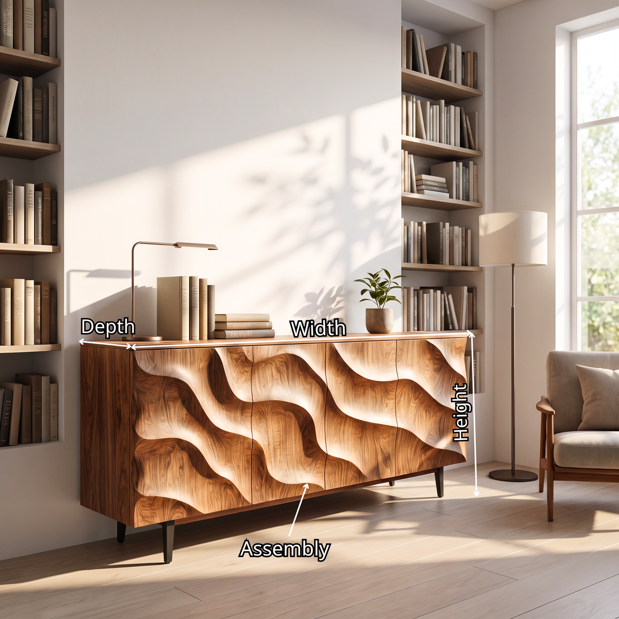 Sideboard Solid Wood with Sculptural Cascade Relief Doors for Living Room Decor