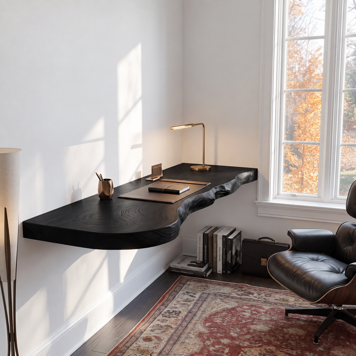 Live Edge Solid Wood Floating Desk with Organic Wall Mounted Design