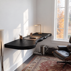 Live Edge Solid Wood Floating Desk with Organic Wall Mounted Design