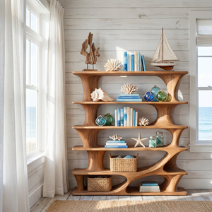 Architectural Tiered Wood Bookcase with Flowing Open Shelves