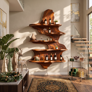 Sculptural Solid Wood Wine Rack with Tiered Floating Shelves