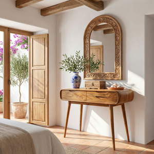 Rounded Solid Wood Vanity Table with Drawers, Modern Dressing Table for Bedroom
