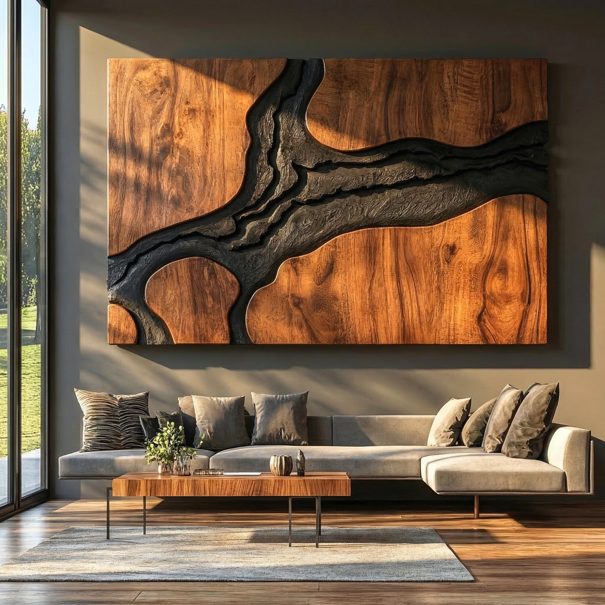 Abstract Wood Wall Art Panel with Black Organic Inlay, Large Sculptural Wall Decor