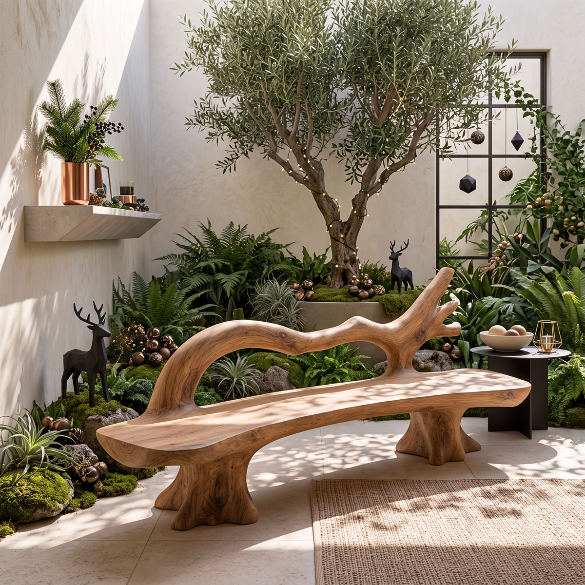 Handcrafted Solid Wood Outdoor Bench with Flowing Branch Backrest
