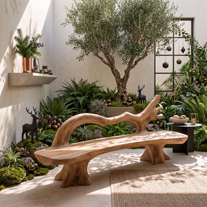 Handcrafted Solid Wood Outdoor Bench with Flowing Branch Backrest