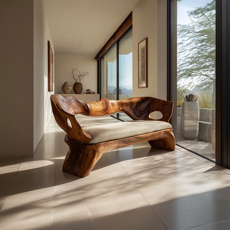 Sculptural Solid Wood Bench with Organic Carved Form
