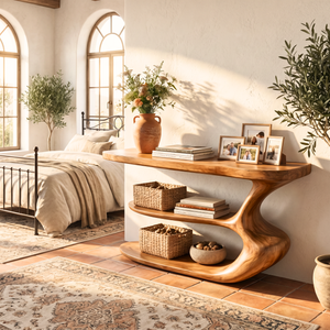 Organic Wooden Console Shelf Handmade Sculptural Storage Table