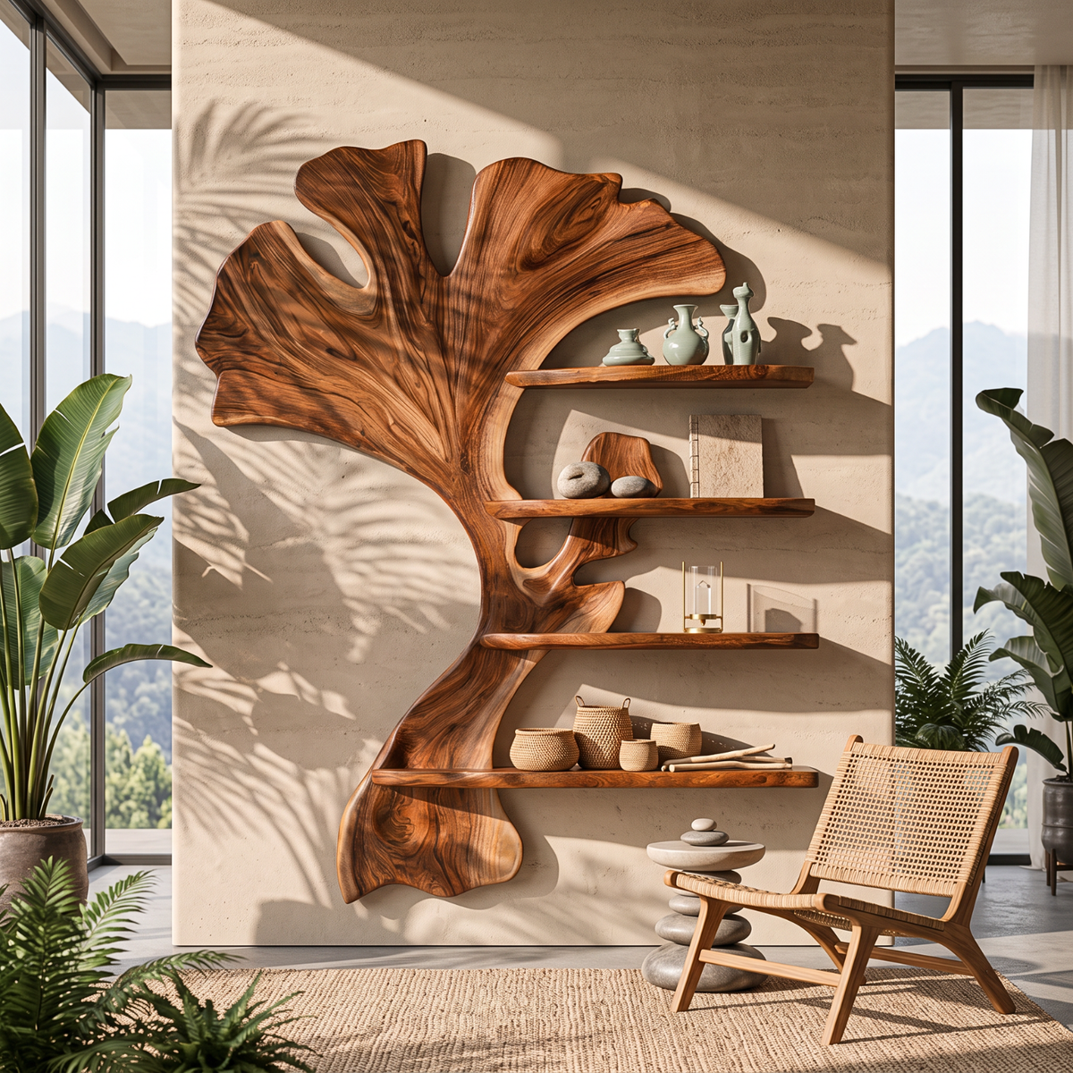 Wall Shelf Solid Wood Ginkgo Leaf Sculpture with Floating Display Shelves for Living Room Decor