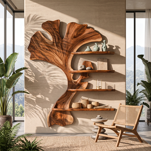 Wall Shelf Solid Wood Ginkgo Leaf Sculpture with Floating Display Shelves for Living Room Decor