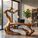 Organic Wood Desk With Hanging Lamp Sculptural Modern Workspace Furniture