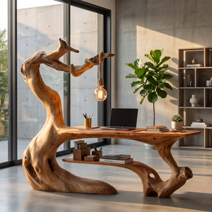Organic Wood Desk With Hanging Lamp Sculptural Modern Workspace Furniture