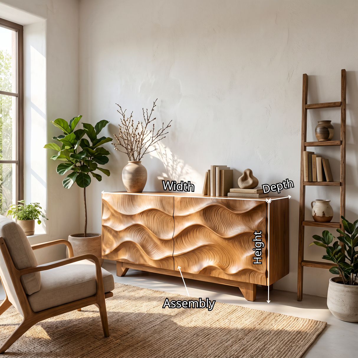 Sideboard Solid Wood with Sculptural Flowing Wave Relief Doors for Entryway Decor