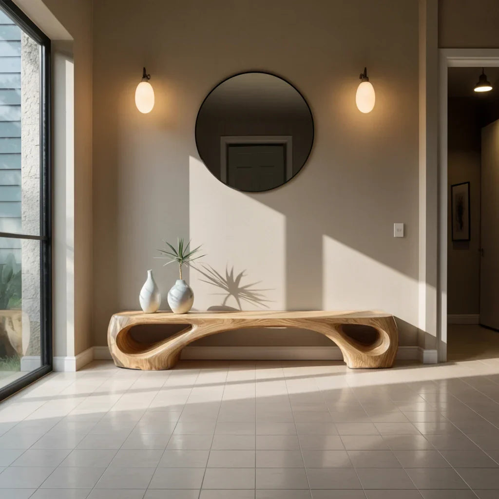 Sculptural Solid Wood Bench with Twin Cutouts for Modern Living Room