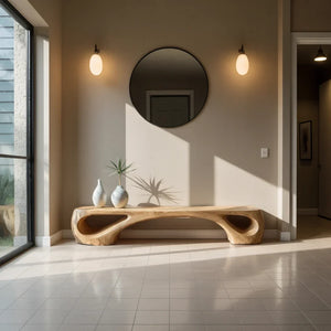 Sculptural Solid Wood Bench with Twin Cutouts for Modern Living Room