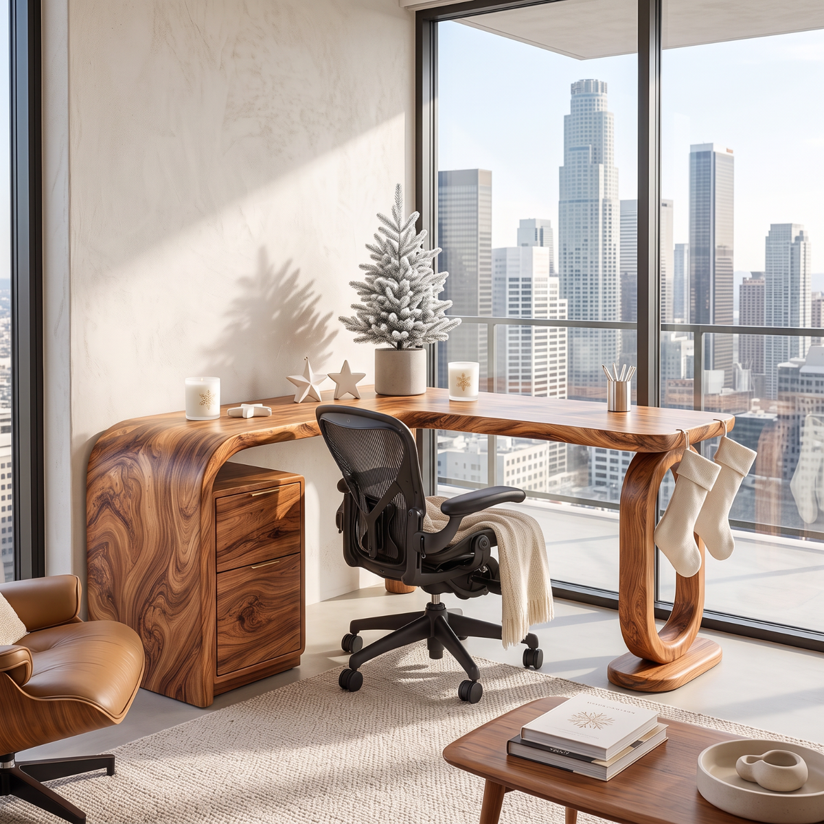 Handcrafted Solid Wood Desk with Sculptural Loop Leg and Built In Drawers