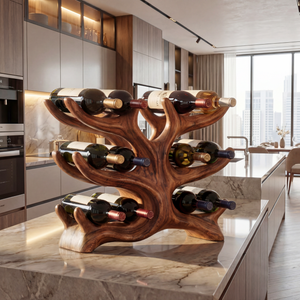 Tree Form Solid Wood Wine Rack Sculptural Multi Level Bottle Holder for Tabletop Storage