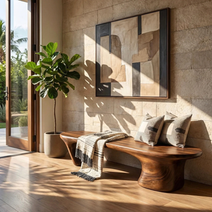 Organic Wood Bench with Sculptural Flared Pedestal Base for Modern Interiors