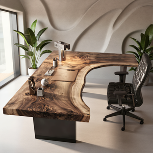 Live Edge Solid Wood Desk with Sculptural Cutout Design