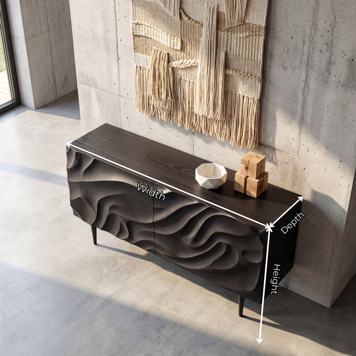 Sculpted Black Wood Sideboard Cabinet with Carved Wave Front for Modern Living and Dining Rooms