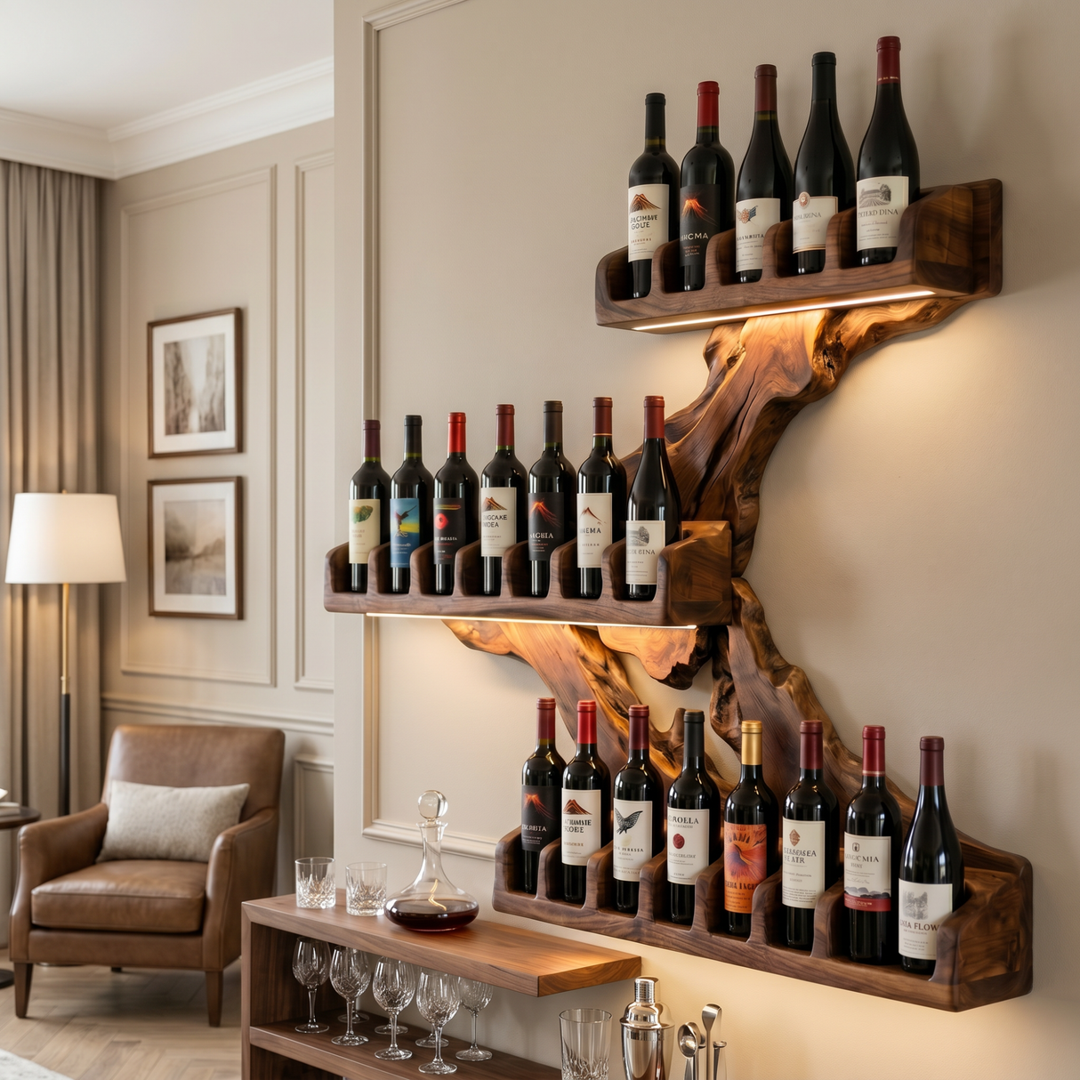 Organic Flow Solid Wood Wine Rack Wall Shelf
