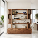 Solid Wood Bookshelf with Wavy Open Shelves and Storage Drawers