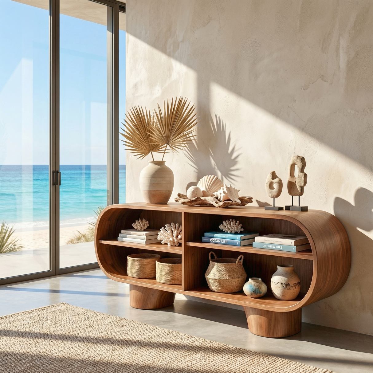 Rounded Solid Wood Sideboard with Open Shelving, Organic Modern Storage Console