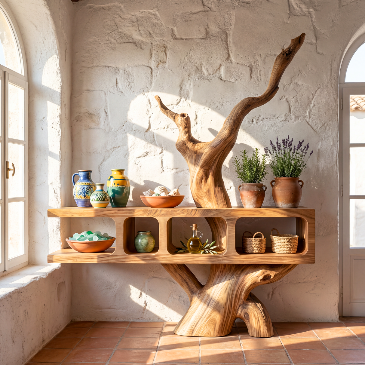 Sculptural Solid Wood Bookshelf with Tree Form Organic Modern Display Shelf Storage Unit