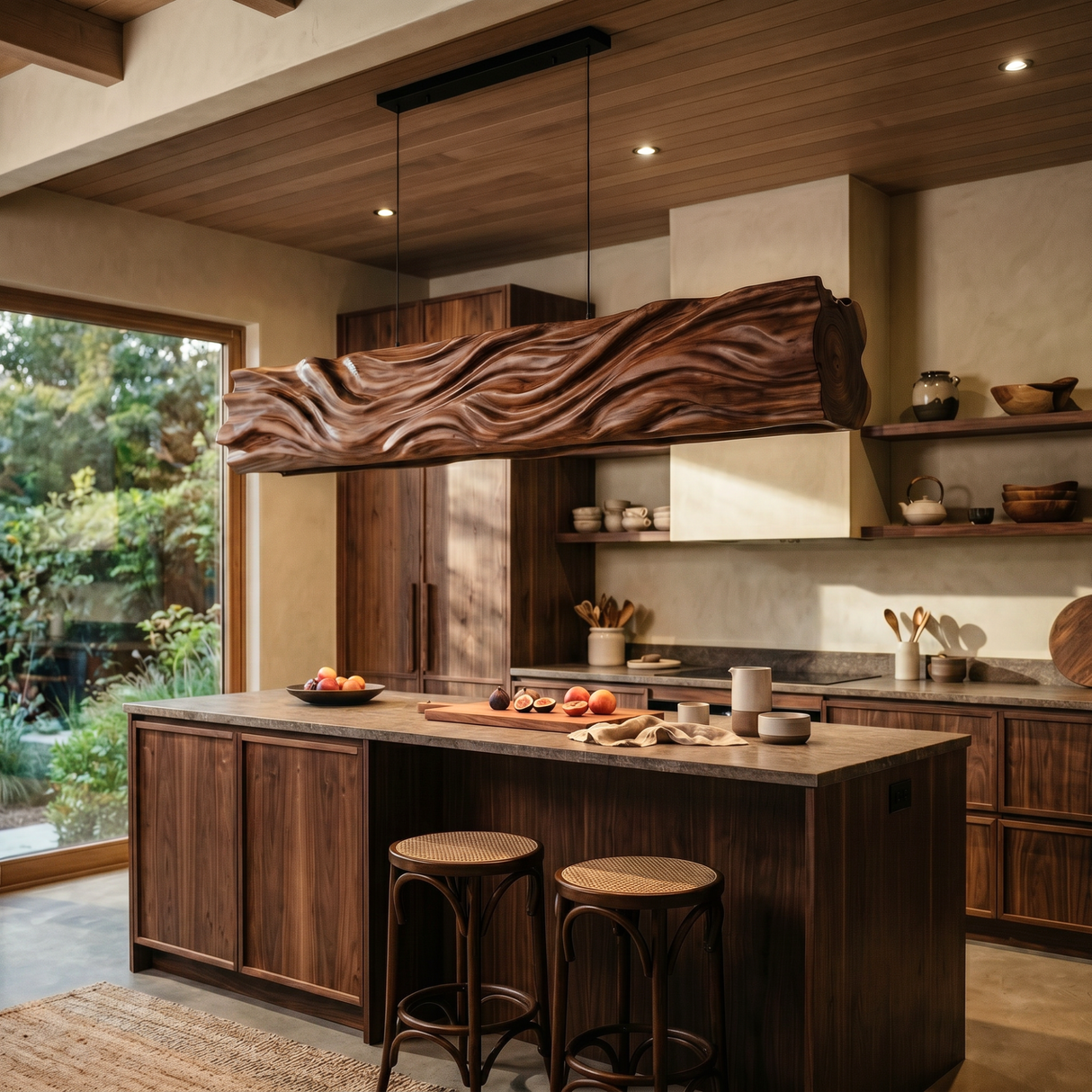 Handcrafted Organic Wood Pendant Light with Flowing Carved Texture