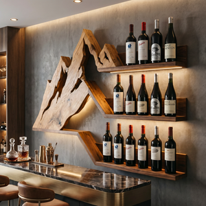 Mountain Range Inspired Solid Wood Wine Rack Wall Shelf