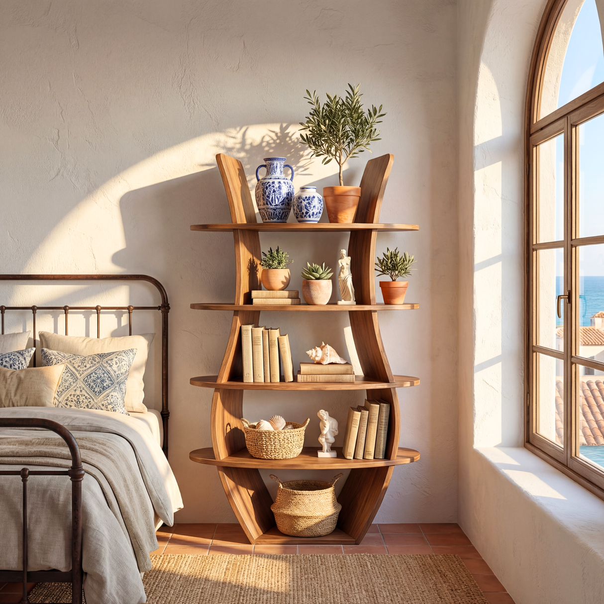 Curved Tiered Wood Corner Display Shelf with Open Round Shelving