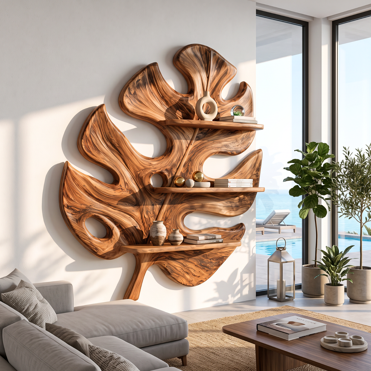 Tropical Leaf Solid Wood Wall Shelf with Sculptural Botanical Design